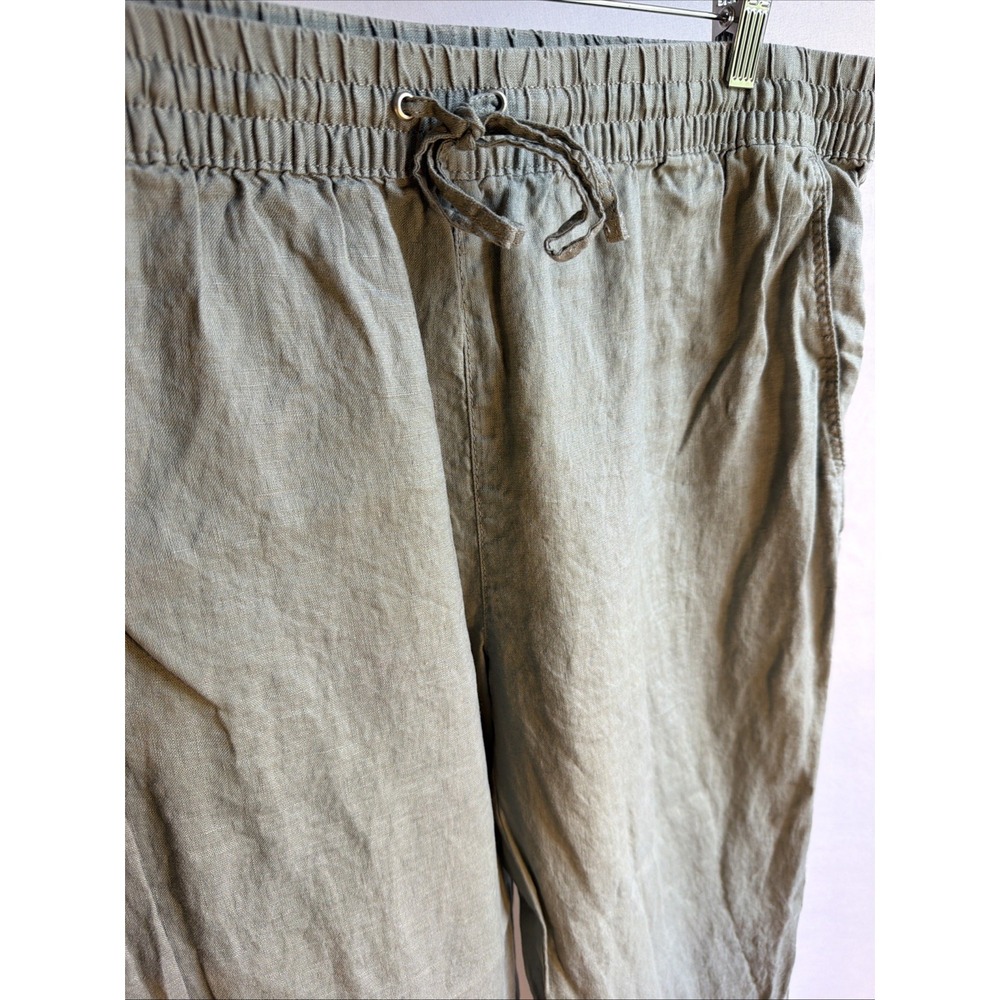 Linen Blend Drawstring Pants Olive Green Elastic Waist Pull On Relaxed Large